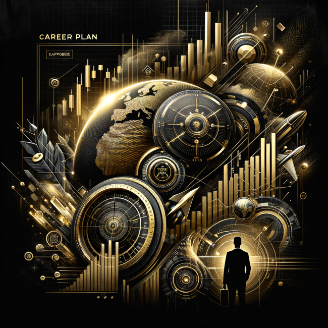 High Res promo graphic black background with gold, carbon fibre, nanotech, minimalist forex crypto market quantitative trading elements without any text except for the title 'Prop Career'