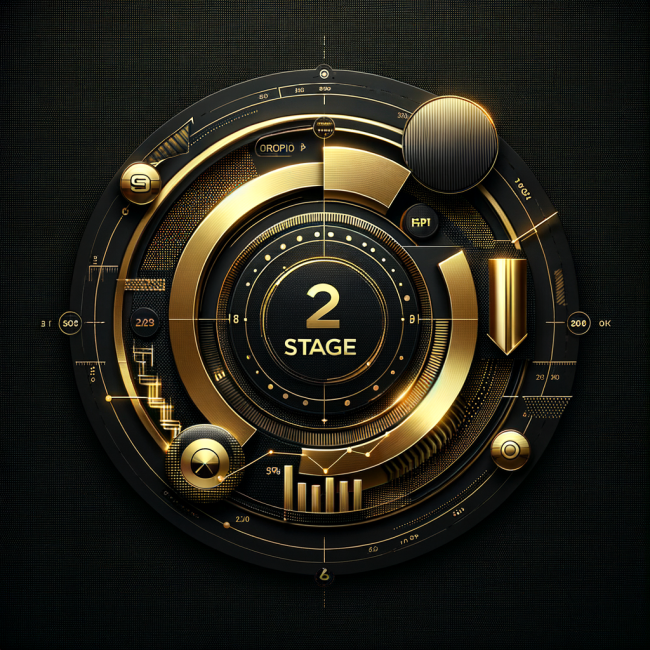 High Res promo graphic black background with gold and carbon fibre minimalist forex crypto market quantitative trading elements without any text except for the title '2 Stage' with theme of 2 stages