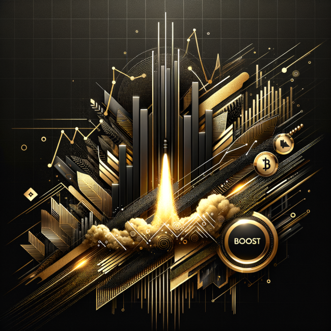 High Res promo graphic black background with gold and carbon fibre minimalist forex crypto market quantitative trading elements without any text except for the title 'Boost' with theme of explosive growth